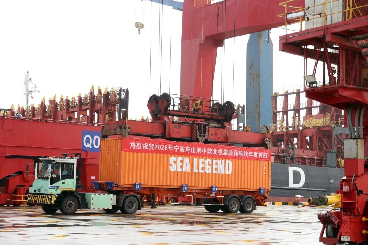 A container marked Sea Legend is loaded at Ningbo-Zhoushan port ahead of the 2026 China-Europe Arctic shipping season's maiden voyage