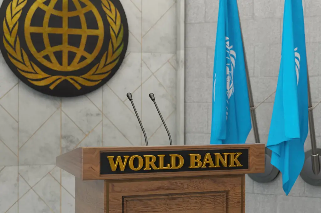 A World Bank podium sign at the IMF and World Bank annual meetings