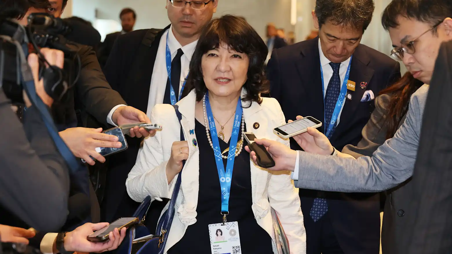 Japan's Finance Minister Satsuki Katayama speaks with reporters at the G20 meetings in Bangkok
