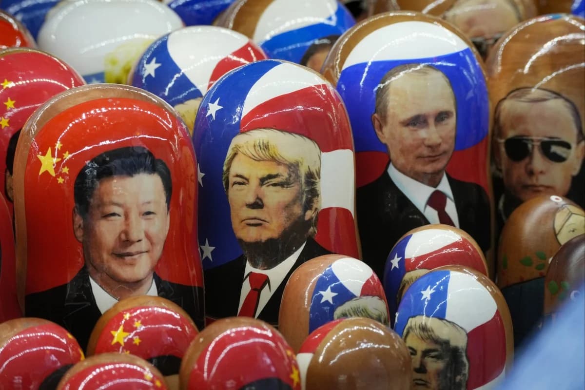 Matryoshka dolls painted with portraits of world leaders displayed for sale