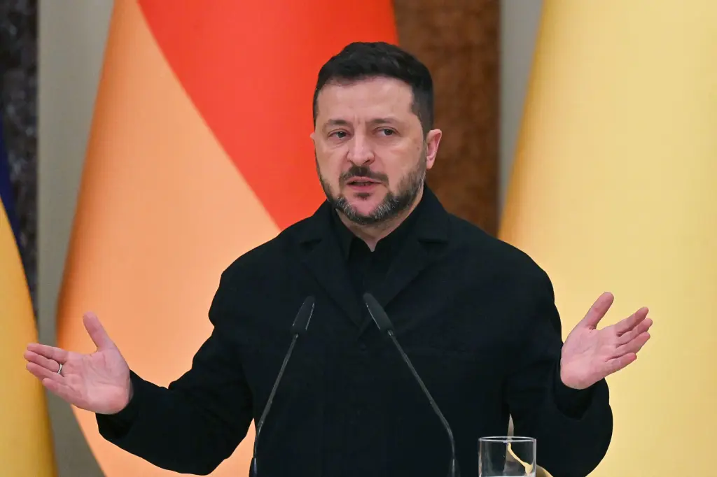 Ukrainian President Volodymyr Zelenskyy speaks at a press conference